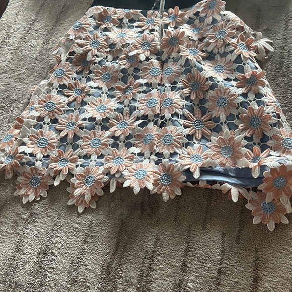 Self Portrait Off Shoulder Mini Dress, Floral Details- Size 0. Blue, Pink, White - Picture 6 of 7